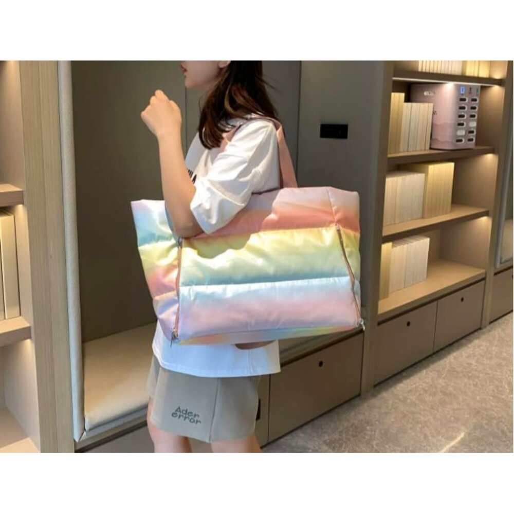 Rainbow Pastel Waterproof Beach Tote Bag for Women - Lightweight Quilted Shoulde - Picture 2 of 8